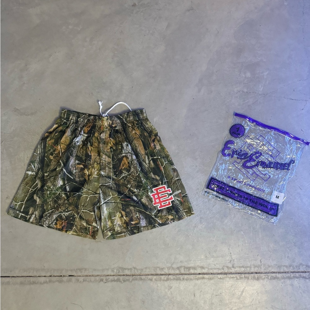 Camo Eric Emanuel Shorts with Red Logo